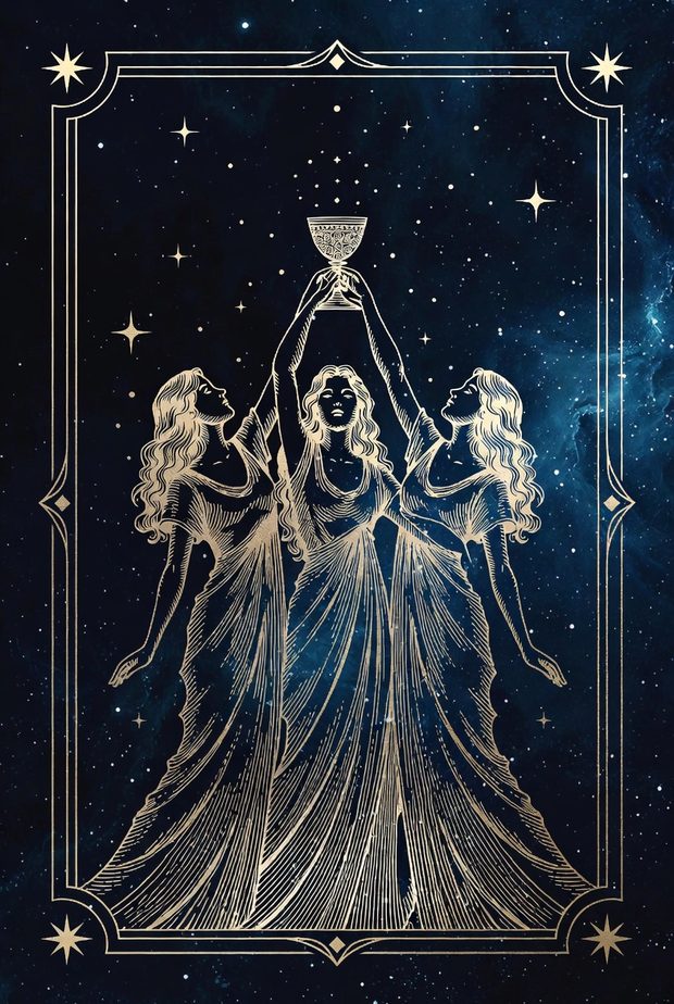 Ilustrasi kartu tarot Tiga Piala