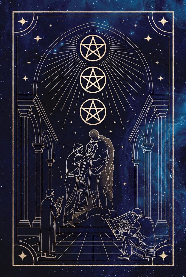 Ilustrasi kartu tarot Tiga Koin