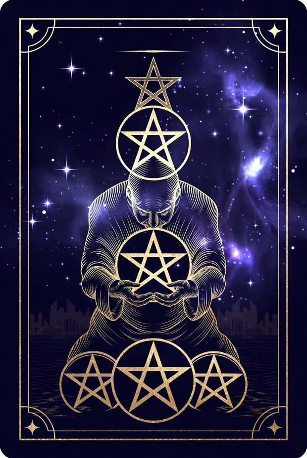 Ilustração da carta de tarô Quatro de Ouros