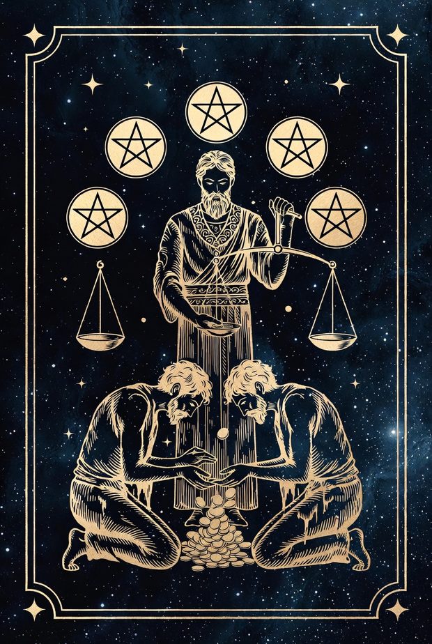 Ilustrasi kartu tarot Enam Koin