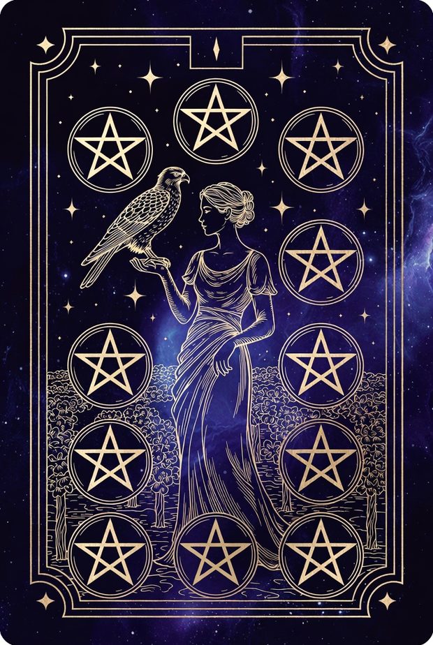 Ilustração da carta de tarô Nove de Ouros