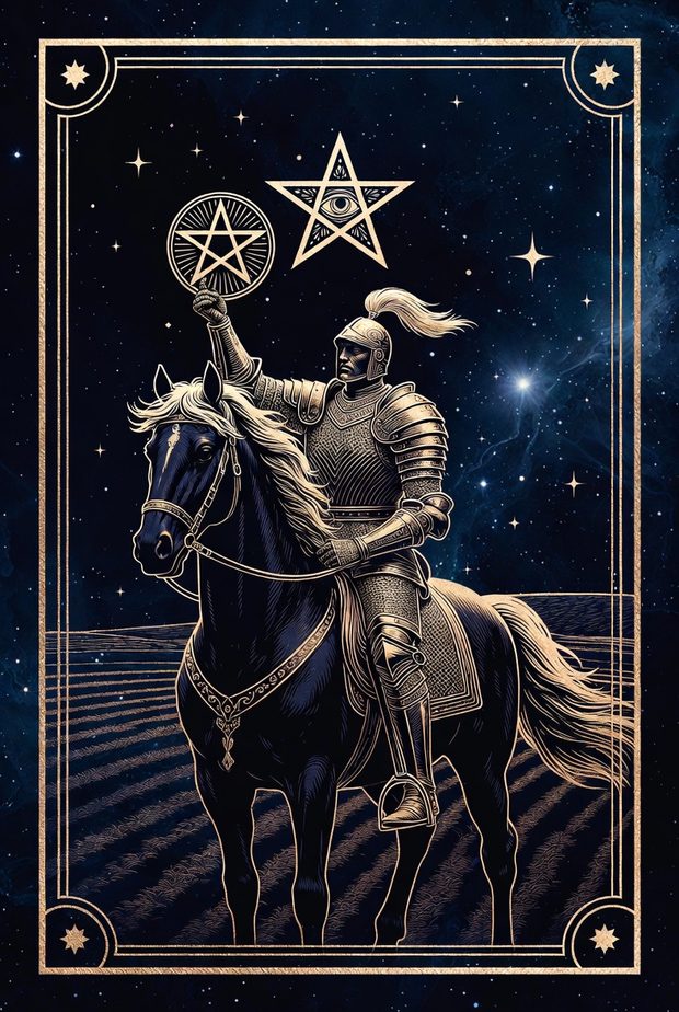 Ilustração da carta de tarô Cavaleiro de Ouros