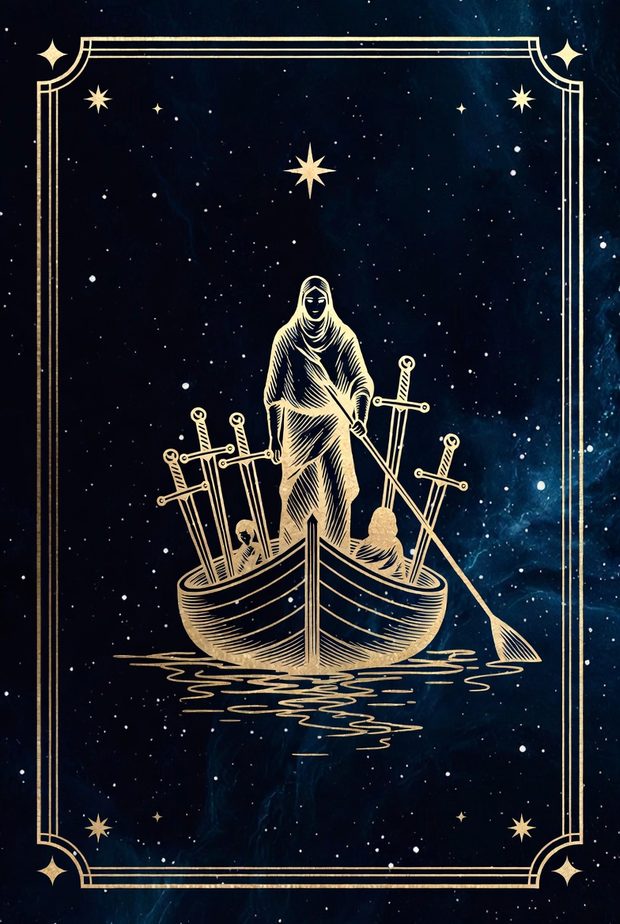 Ilustrasi kartu tarot Enam Pedang