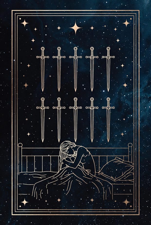 Ilustração da carta de tarô Nove de Espadas