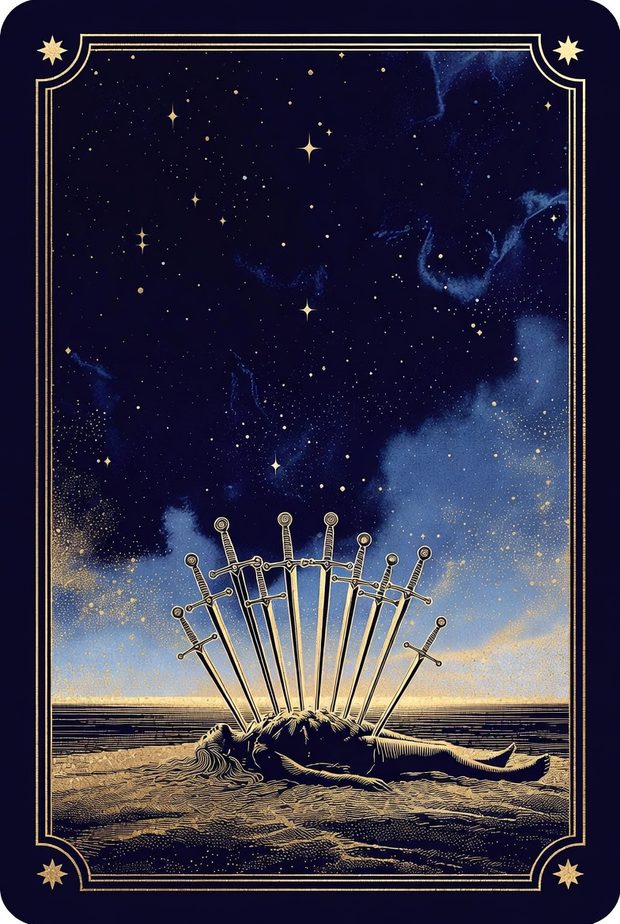 Ilustrasi kartu tarot Sepuluh Pedang