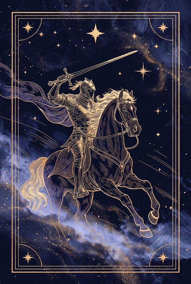 Ilustrasi kartu tarot Ksatria Pedang