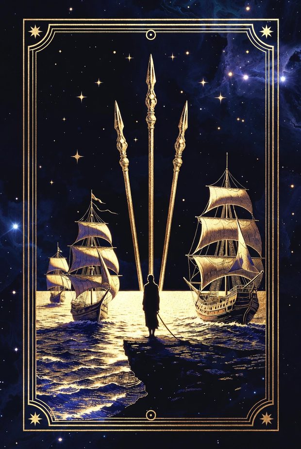 Ilustrasi kartu tarot Tiga Tongkat