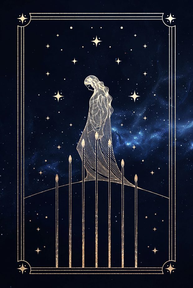 Ilustrasi kartu tarot Tujuh Tongkat