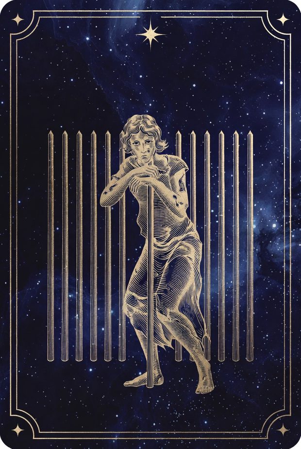 Ilustrasi kartu tarot Sembilan Tongkat