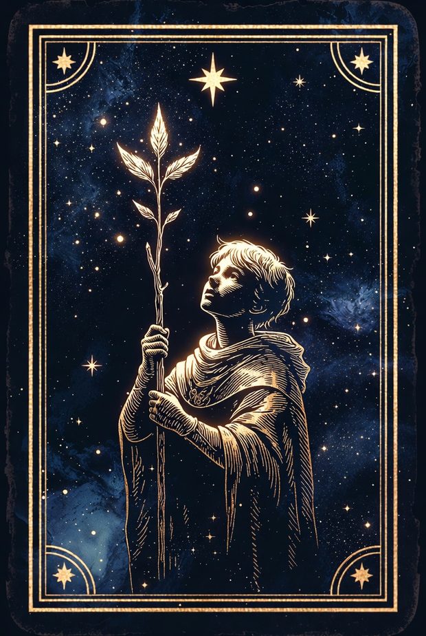 Ilustrasi kartu tarot Pelayan Tongkat
